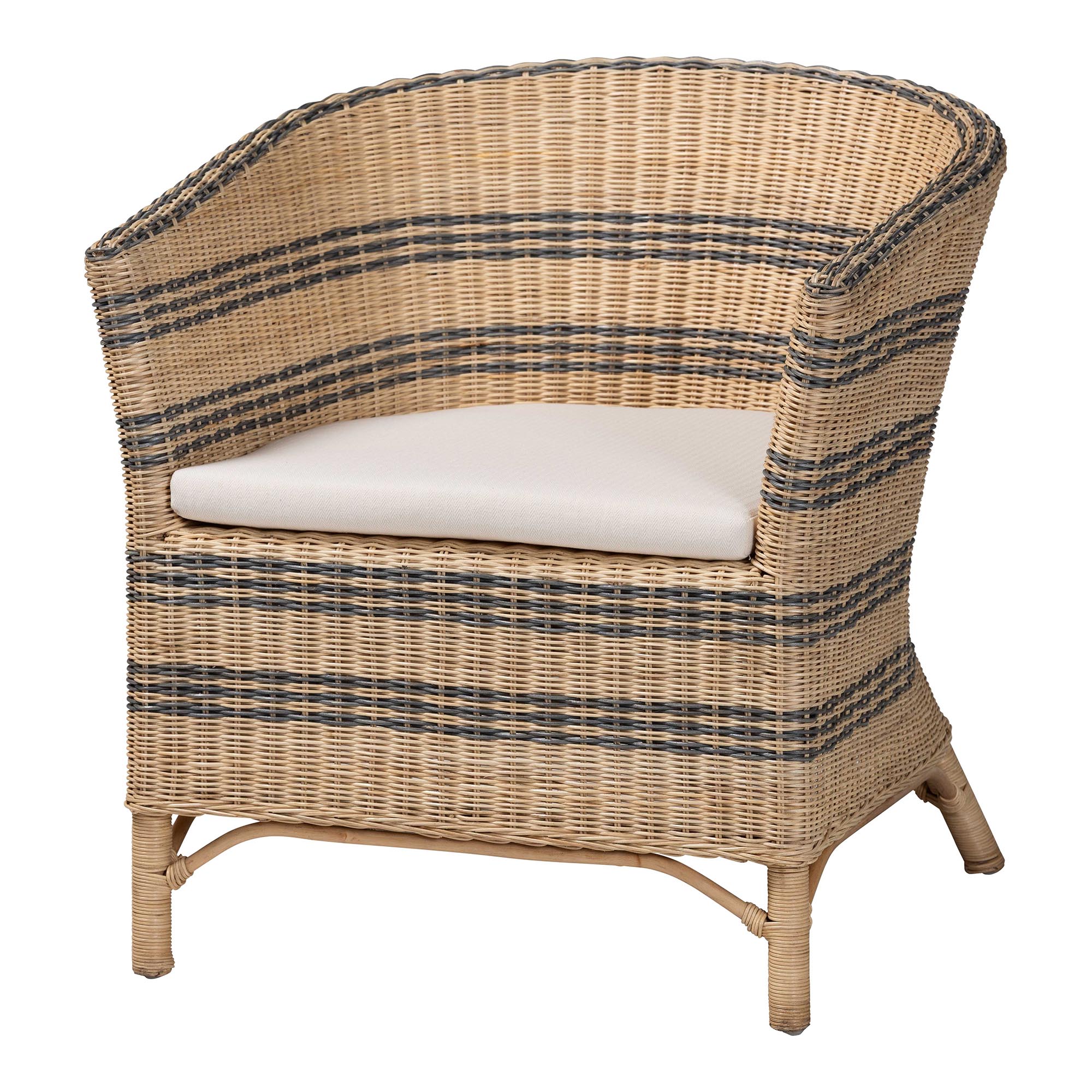 bali & pari Elda Natural Rattan Accent Chair - Wicker Barrel-Back Chair with Two-Tone Woven Stripes and Cushion, Coastal Boho Style Seating for  Living Room or Sunroom Affordable modern furniture in Chicago, classic living room furniture, modern accent chair, cheap accent chair